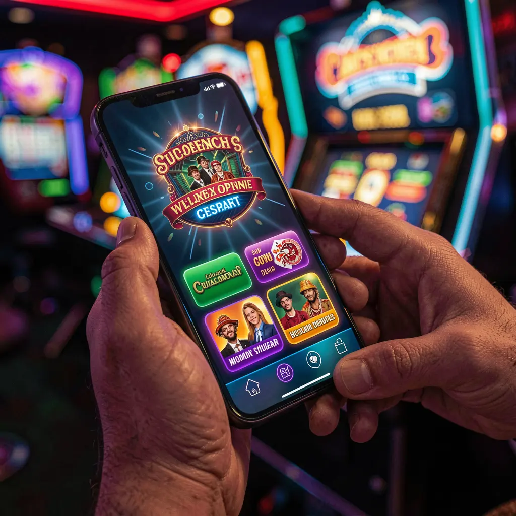 Hands interacting with the OMEGAJL casino app on a smartphone showing live slot games with bright symbols and neon style visuals