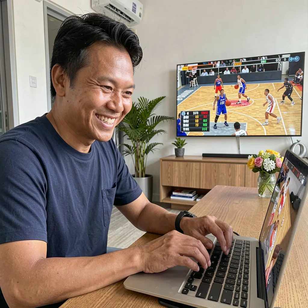 Happy Filipino sports bettor smiling while placing online basketball bets on a laptop at home using the OMEGAJL betting platform