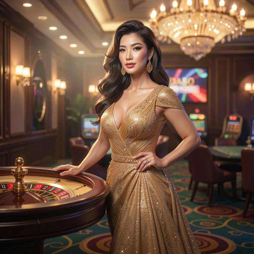 A glamorous woman in a sparkling gold gown posing near a roulette table in a luxury casino atmosphere representing the high class gaming experience at OMEGAJL Philippines