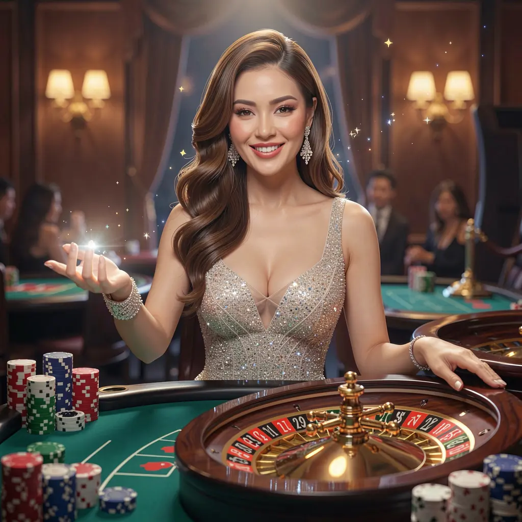 Smiling live casino dealer from the Philippines inviting players to log in with glowing roulette wheel and floating chips on OMEGAJL