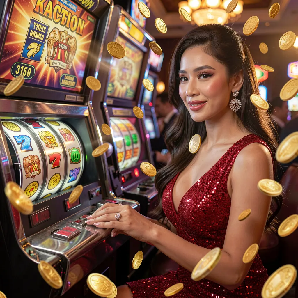 A glamorous woman in a sparkling red dress sitting at a glowing slot machine surrounded by flying gold coins inside the cinematic OMEGAJL online casino experience for players in the Philippines